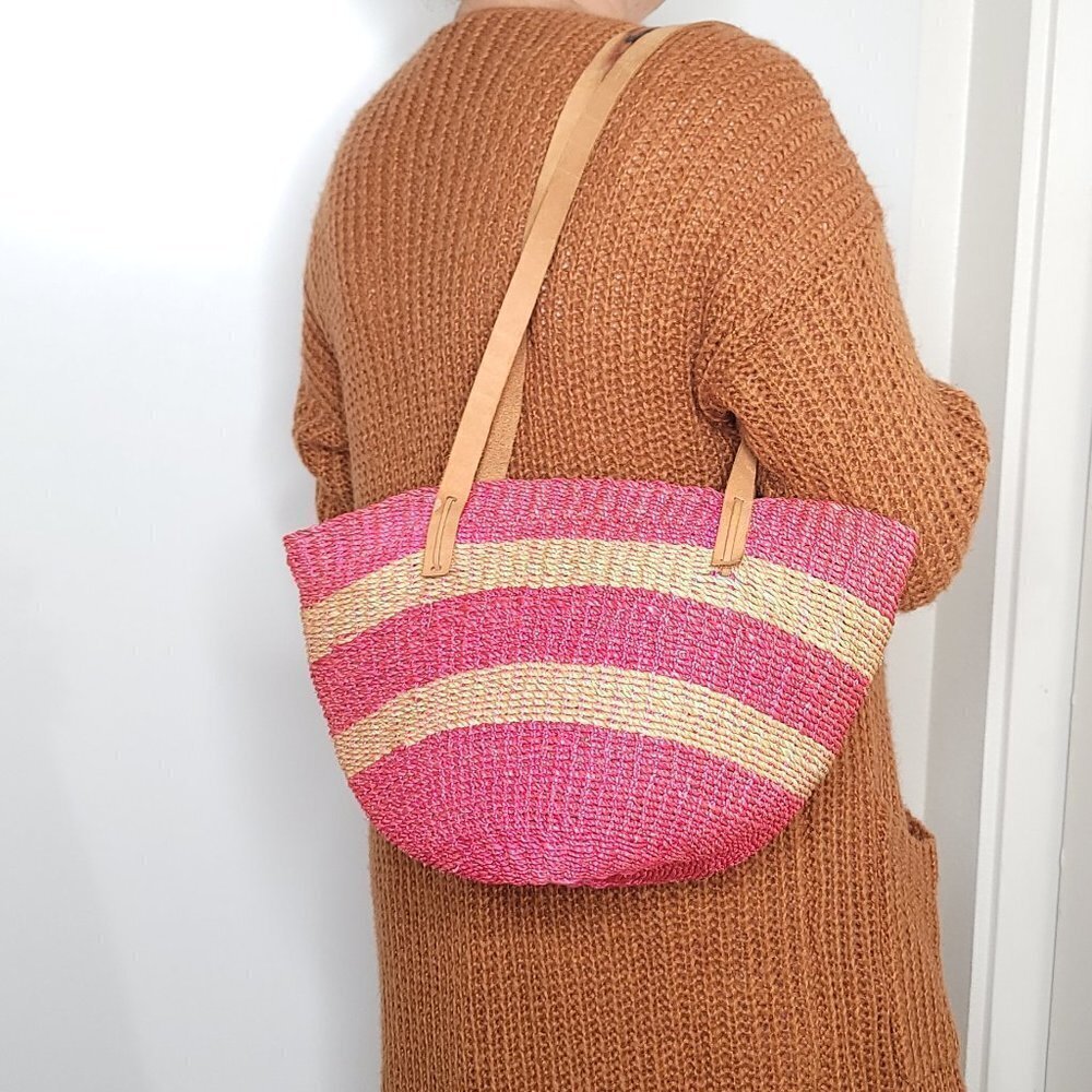 Sisal Tote Bag Vintage Straw Purse Leather Straps Beige Pink Woven Bag